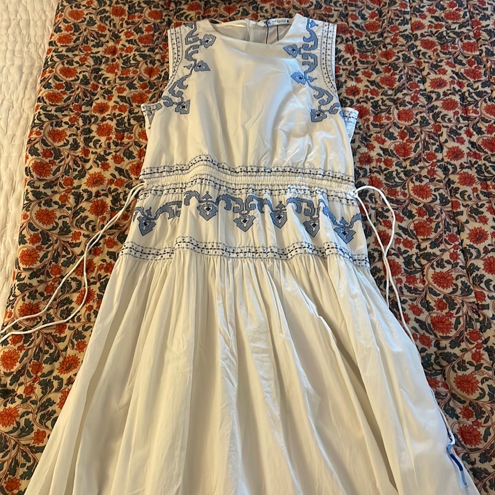 Zara White and Blue Embroidered Midi Dress